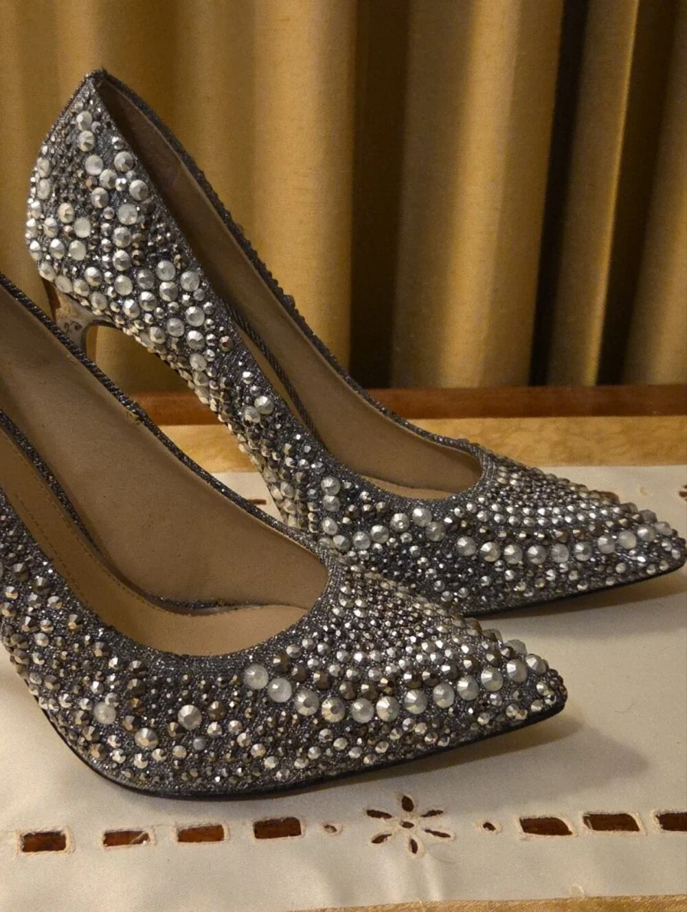GIANNI BINI- Embellished Silver Crystal Pointed-Toe Pumps W/ Black Heel